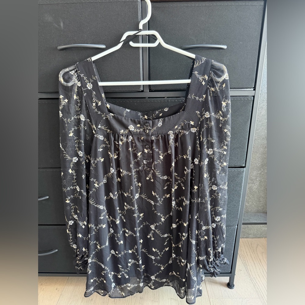 Floral Black Top with White Accents